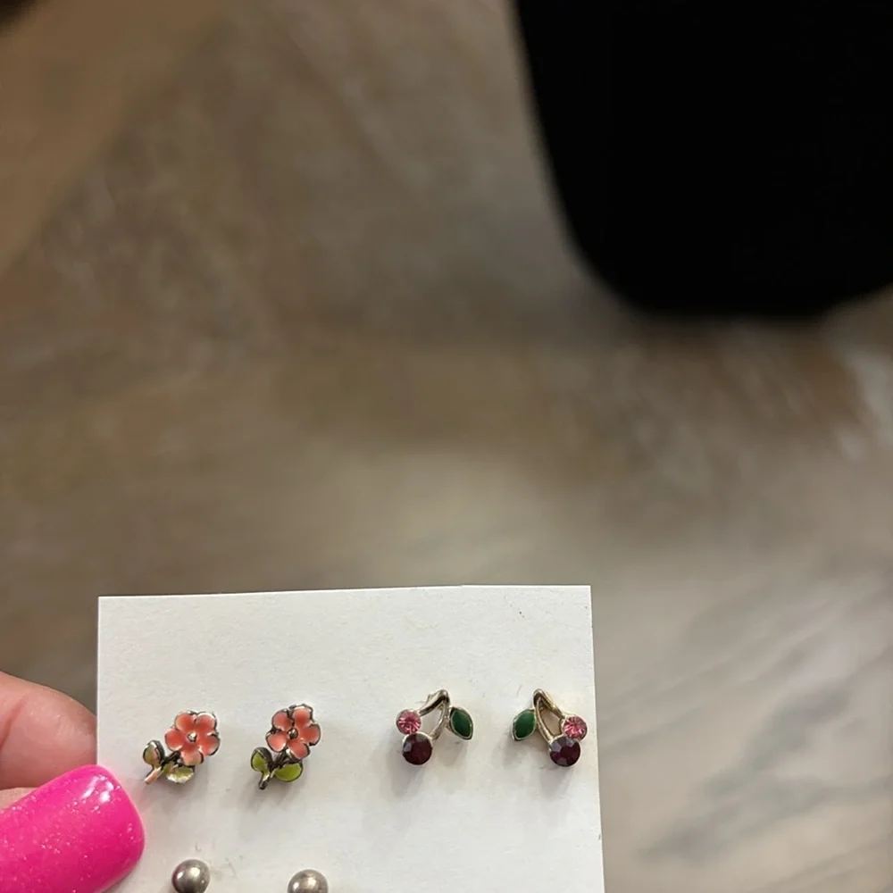 Vintage set of small cherries, blue stars, & pink flowers pierced earrings